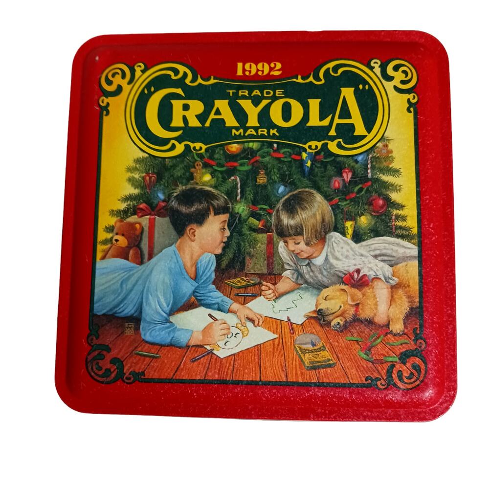🖍️🍪🎁Vintage 1992 Crayola Christmas Tin Square Holiday Storage Collectible 6"